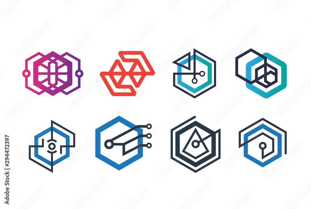 Abstract geometric hexagon technology logo design vector template collection set Abstract geometric hexagon technology logo design vector template collection set