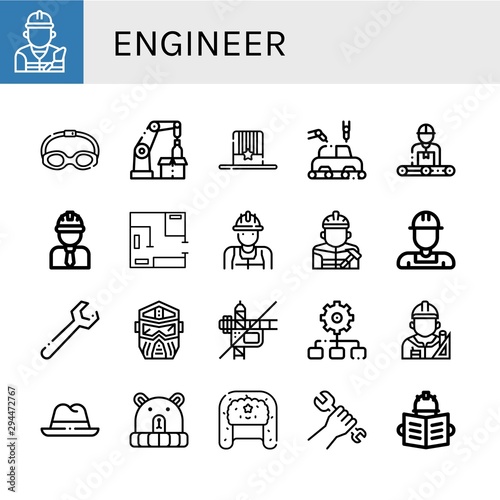 Set of engineer icons such as Builder, Goggles, Robotic arm, Hat, Manufacture, Engineer, Blueprint, Worker, Wrench, Helmet, Construction, Process, Architect , engineer
