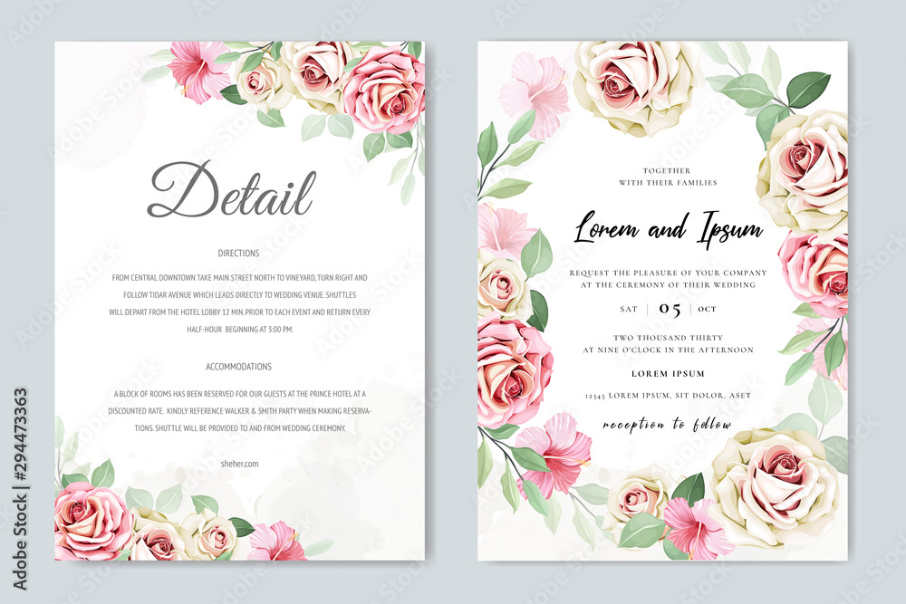 wedding invitation card with elegant roses template