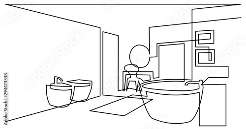 continuous line drawing of spacious bathroom
