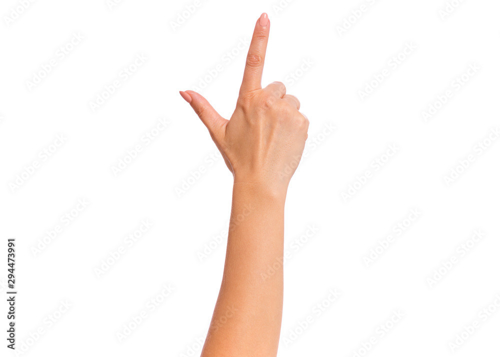 Female hand doing gun gesture getting ready to shoot, isolated on white background. Beautiful hand of woman with copy space. Female hand doing gun gesture getting ready to shoot, isolated on white background. Beautiful hand of woman with copy space.