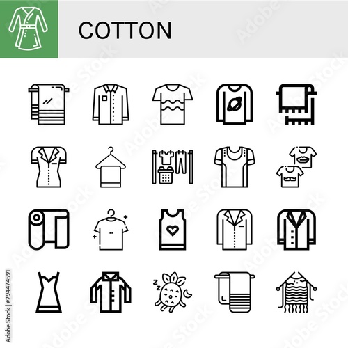 Set of cotton icons such as Bathrobe, Towel, Shirt, T shirt, Laundry, Sport shirt, Shirts, Fabric, Tank top, Jacket, Nightgown, Sleeping, Knitting , cotton
