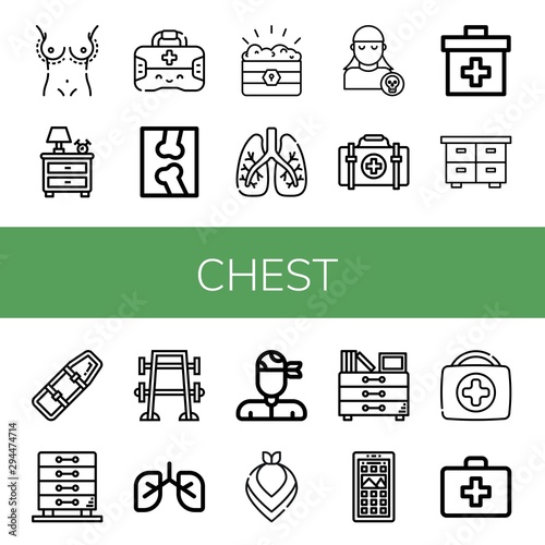 Set of chest icons such as Breast enlargement, Nightstand, First aid kit, X ray, Treasure, Lungs, Pirate, Chest, Spinal board, Drawers, Bench press, Kerchief, App drawer , chest