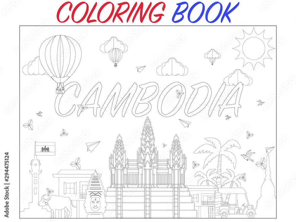 Coloring Book pages for Education and learning for kids and adult with Asian Cambodia khmer outline city and country landscape, city view, beautiful background. Creative vector illustration, from set.