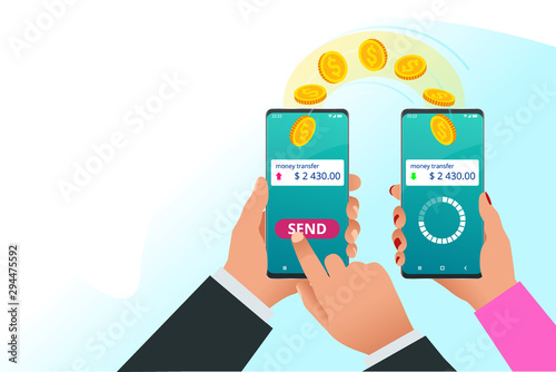 Isometric technology online banking money transfer, e-commerce concept. Mobile payments, mobile banking.