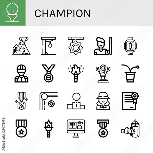 Set of champion icons such as Golf ball, Success, Punching ball, Medal, Billiard, Kneepad, Racer, Torch, Trophy, Beer pong, Podium, Golfer, Certificate, Punching bag , champion