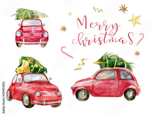 Watercolor illustration Red retro car with a fir tree and gifts in different racurses. Christmas vector objects set. Composition Happy New Year. Illustration of tree decoration, xmas card background