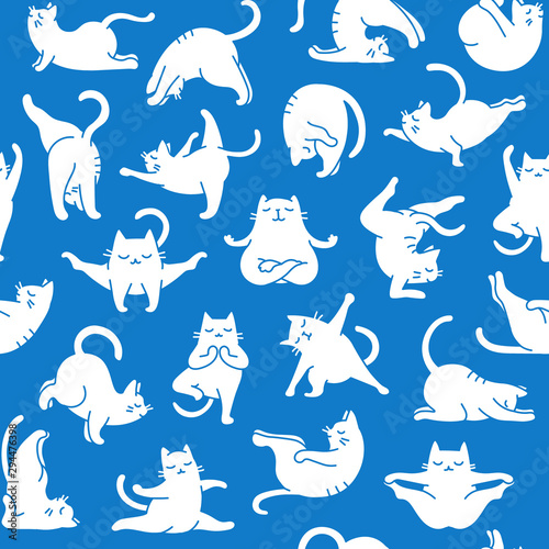 Cartoon Doodle Comic Outline Vector Seamless Pattern And Background Of Zen Meditating Cats In Yoga Pose and Asana, Namaste, White On Blue