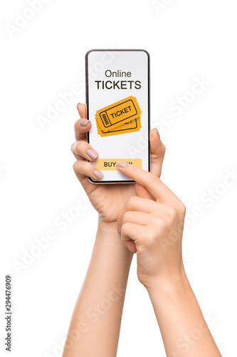 Woman's hands agitate to download event tickets application to smartphone