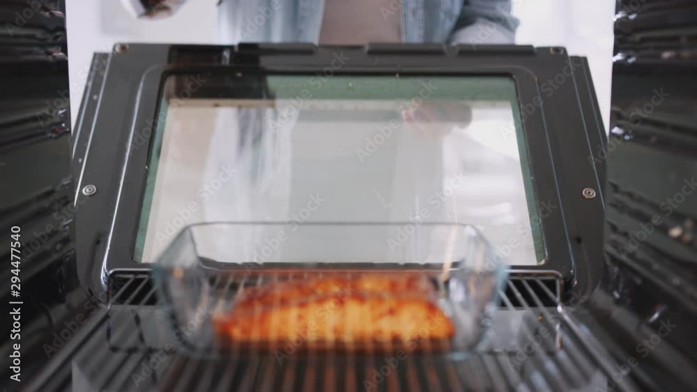 View Looking Out From Inside Oven As Woman Cooks Oven Baked Salmon View Looking Out From Inside Oven As Woman Cooks Oven Baked Salmon