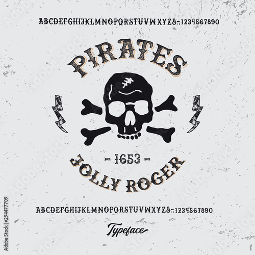 " Pirates". Retro  Gothic Font with Badge. Clean & Textued Versions Included. Vector Illustration.