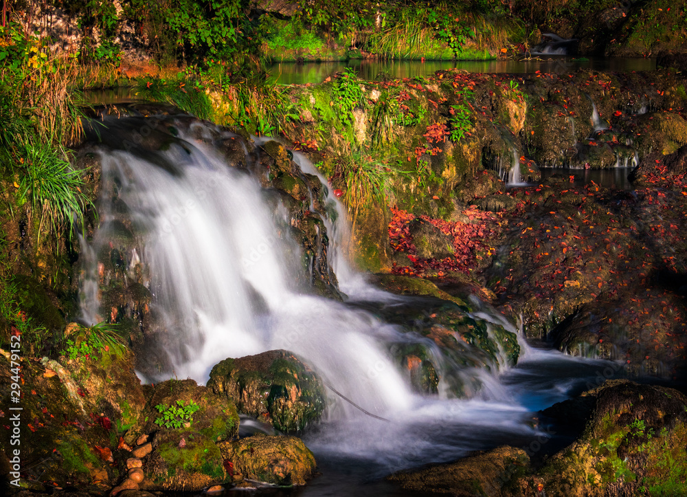 Small waterfall in a forest in Krupa na Vrbasu by the Banja Luka in Bosnia and Herzegovina