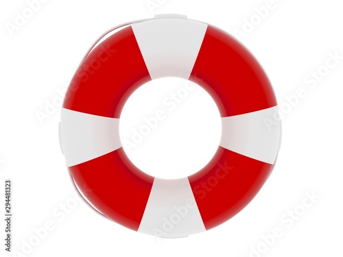 Life buoy - 3d render illustration. Equipment for lifeguards. Element for lifeguard day poster. Lifebuoy isolated on white background. Red and white color rubber ring