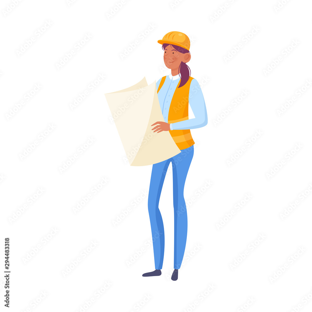 Woman builder looking at documents vector illustration
