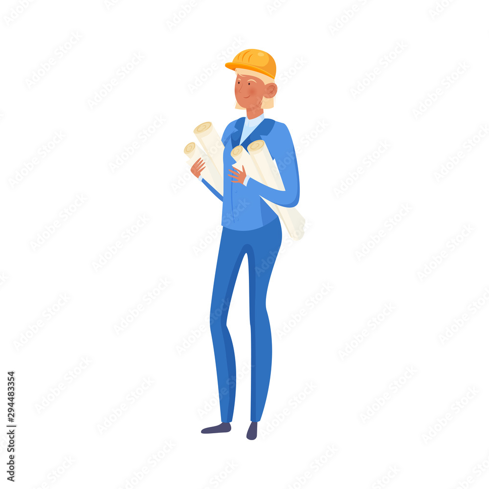 Woman builder holding rolled documents in hands vector illustration Woman builder holding rolled documents in hands vector illustration