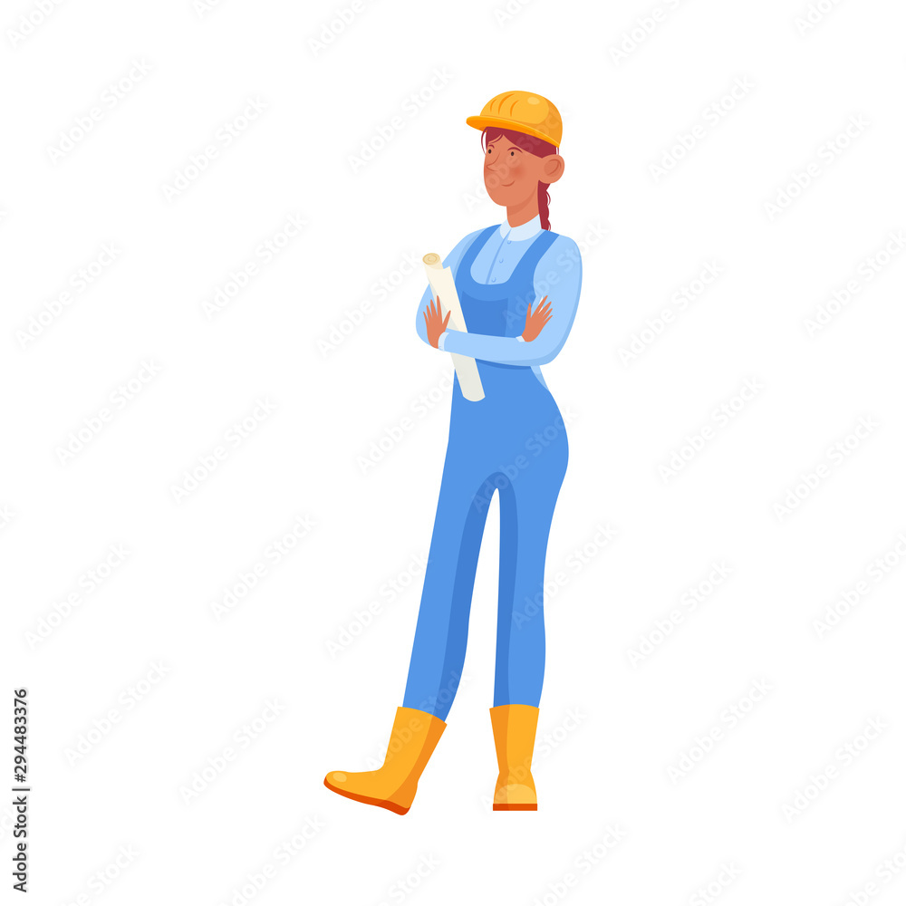 Woman builder in boots holding rolled document vector illustration