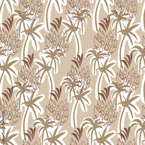 Beige Tropical Pineapple and Palm Seamless Pattern Background