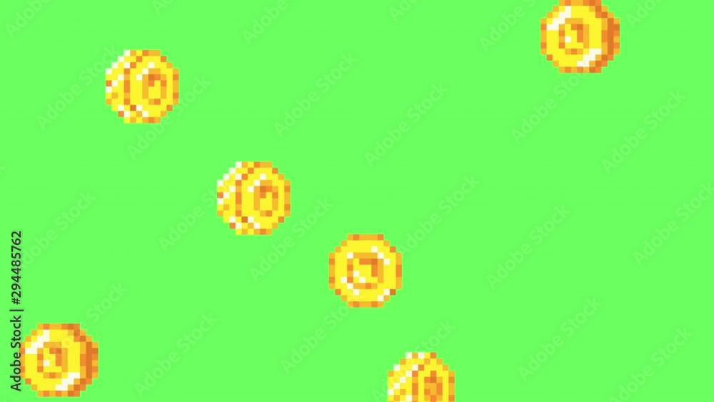 Rain from the golden coins. Pixel art. Retro game style. Alpha channel. 4K resolution.