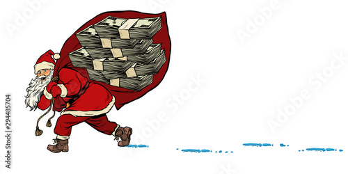 Santa with a dollars money prize. Christmas and New year