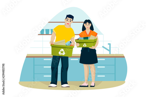 Man and woman clean up house and sort trash in kitchen. Young couple recycle of household waste. Vector illustration