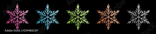 Set of beautiful shiny complex Christmas snowflakes made of sparkles in various colors