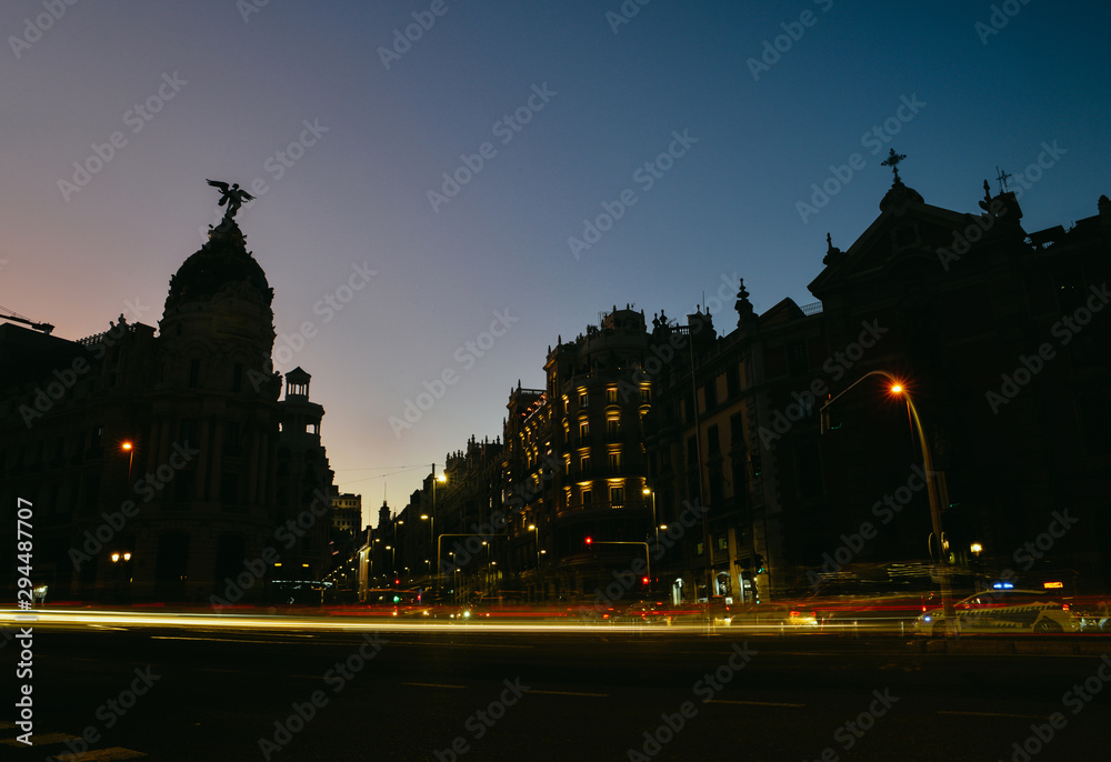 Obraz premium Madrid, Spain long exposure cityscape at Calle de Alcala and Gran Via