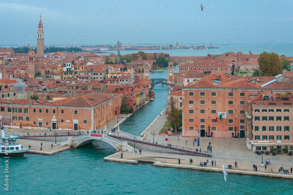 Arerial panorama of entrance of Venice Arsenale