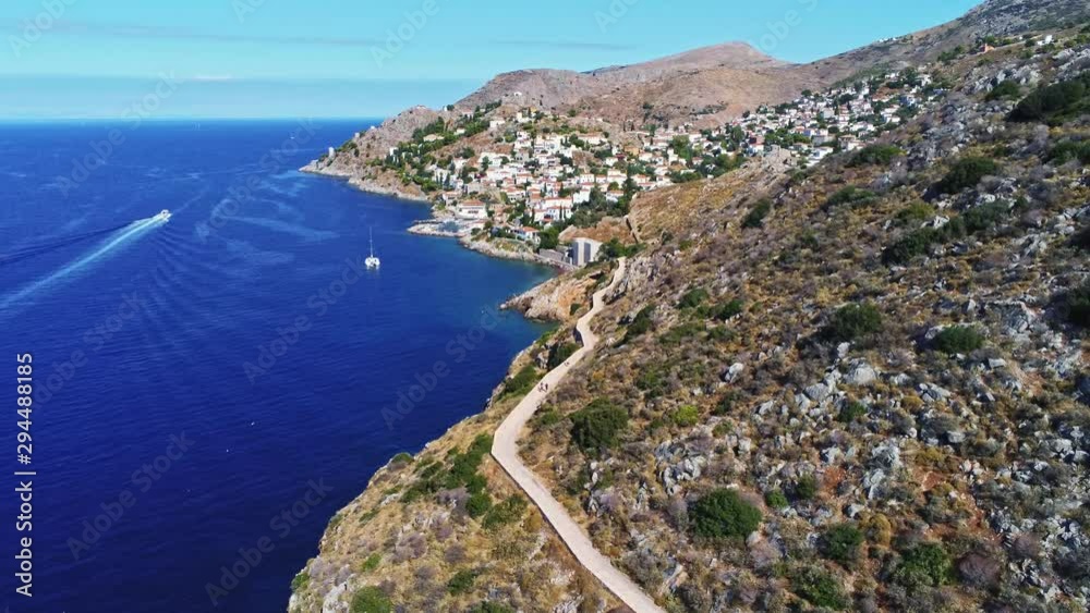 4K Aerial view of people hiking in mountain, Hydra, Greece 4K Aerial view of people hiking in mountain, Hydra, Greece
