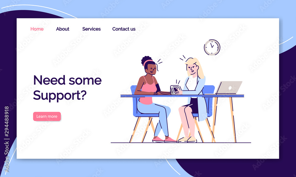 Need some support landing page vector template. Health care website interface idea with flat illustrations. Therapist consultation homepage layout. Girl at doctor web banner, webpage cartoon concept