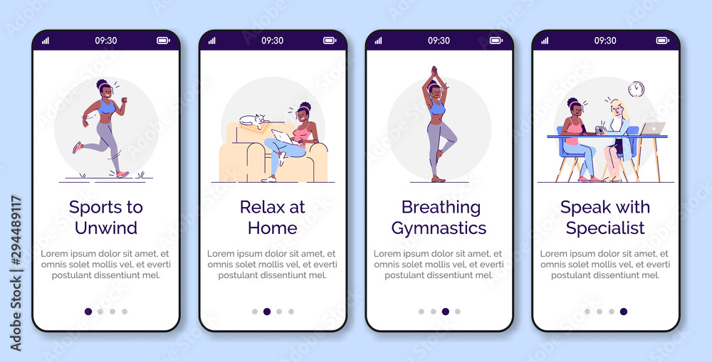 Stress management onboarding mobile app screen vector template. Mental ...