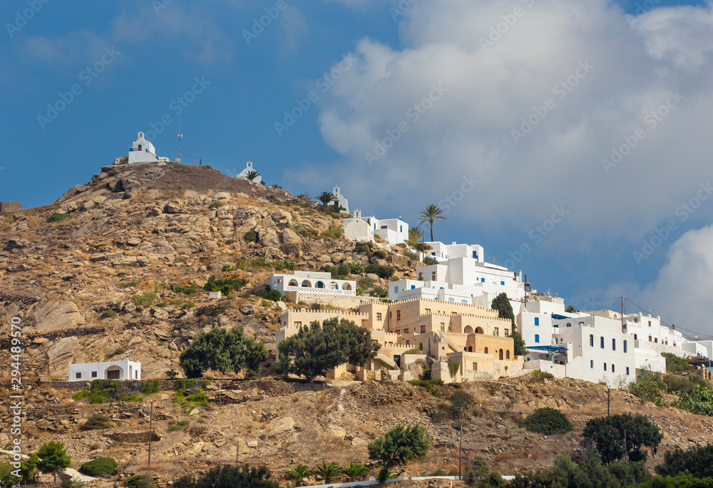 Chora - The hill with the chapels in Chora town on the Ios island in the Aegean Sea (Greece).
