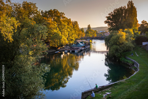 Restaurant and bridge on a Vrbas river in Banja Luka, Bosnia and Herzegovina