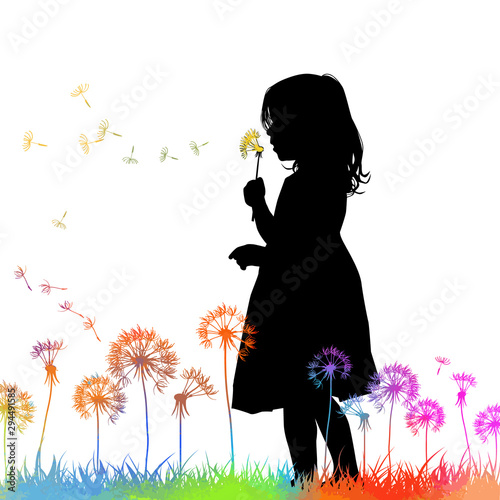 The profile of the silhouette of the girl blows dandelion. Vector illustration