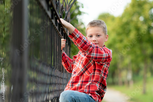 The boy climbed the forged fence.
