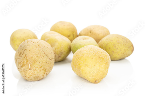 Group of eight whole raw brown potato isolated on white background