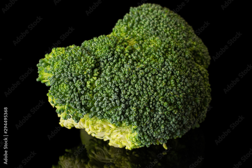 One whole fresh green broccoli isolated on black glass One whole fresh green broccoli isolated on black glass