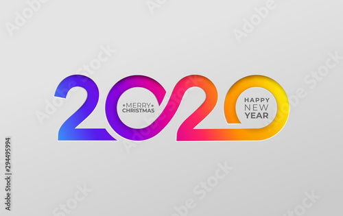 Happy new year 2020 elegant card in paper style for your seasonal holidays banners. Flyers, greetings, invitations, christmas themed congratulations. Vector illustration. Isolated on white background.