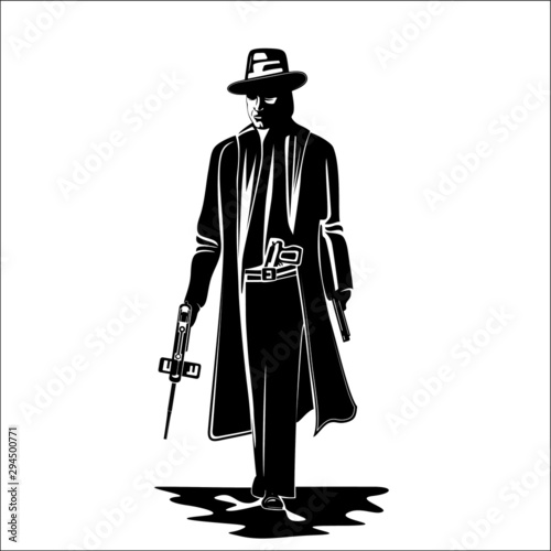 Original vector illustration in retro style on. A thug in a hat and raincoat with a Thompson submachine gun and a pistol in the night. America 30s
