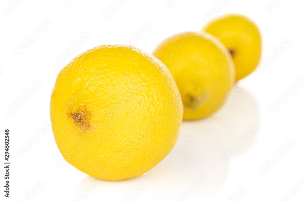 Group of three whole fresh yellow lemon in row isolated on white background Group of three whole fresh yellow lemon in row isolated on white background