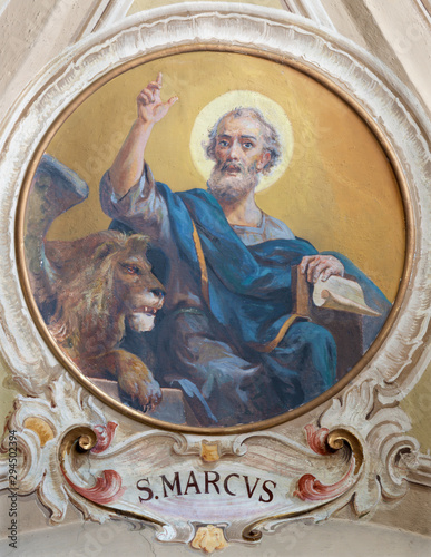 BELAGGIO, ITALY - MAY 10, 2015: The freso of St. Mark the Evangelist in church Santa Maria Annunciata (Visgnola) Luigi Morgari (20. cent.).