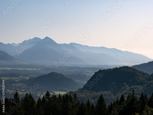 View on the beautiful sunrise over the majestic hills with the Lake Bled in Slovenia © nordantin