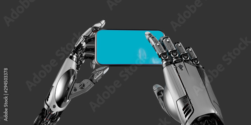 Digital Robot mechanical artificial arms working with smartphone touch screen, 3d rendered