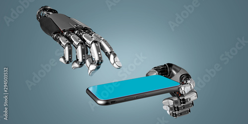 Digital Robot mechanical artificial arms working with smartphone touch screen, 3d rendered