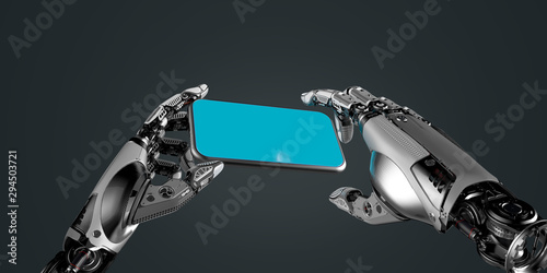 Digital Robot mechanical artificial arms working with smartphone touch screen, 3d rendered