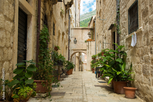 Traditional narrow European street with arch. Passage between houses with plants in pots near walls