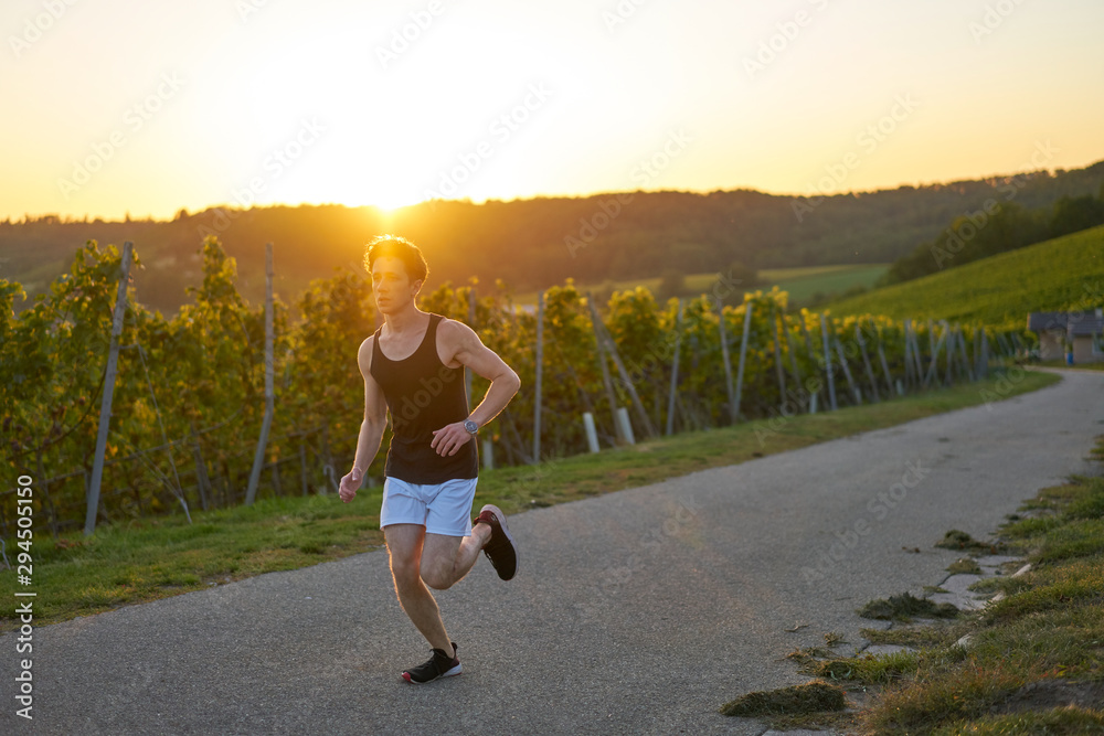 dynamic running jogger Runner jogging  young attractive shorts between vineyards sportsman sunset greenery nature sprint uphill closeup portrait   