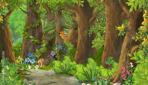 Photography cartoon summer scene with meadow in the forest illustration for children