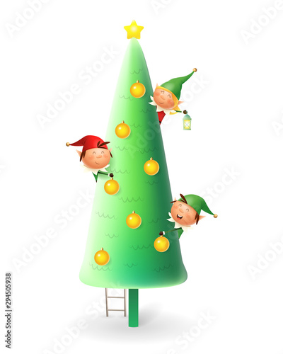 Cute Christmas Elves decorating Christmas tree - vector illustration isolated on white background