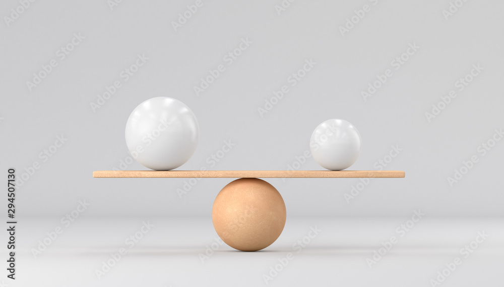 Wooden scales and two spheres on a white background. Small and big. 3d render illustration. - obrazy, fototapety, plakaty 