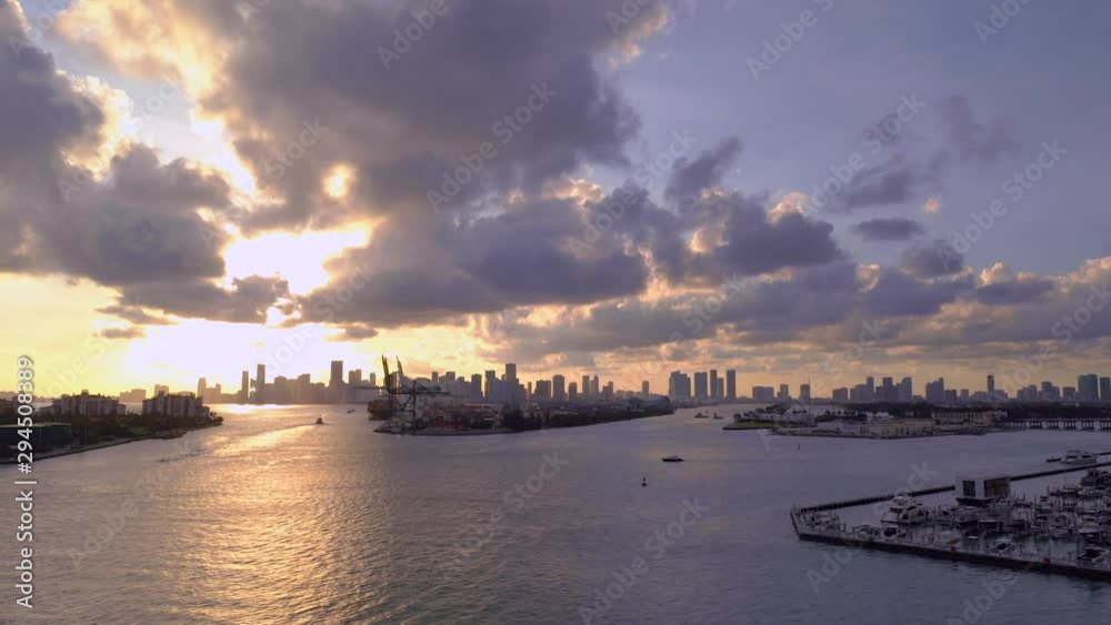 Aerial rise reveal Port of Miami and inlets 4k Aerial rise reveal Port of Miami and inlets 4k